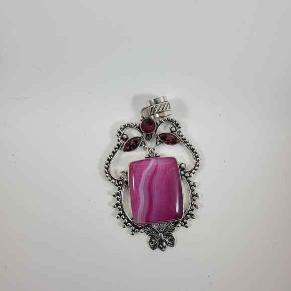 Handmade Silver Pendant Necklace with Pink Banded Agate & Garnet Accents - Picture 4 of 10
